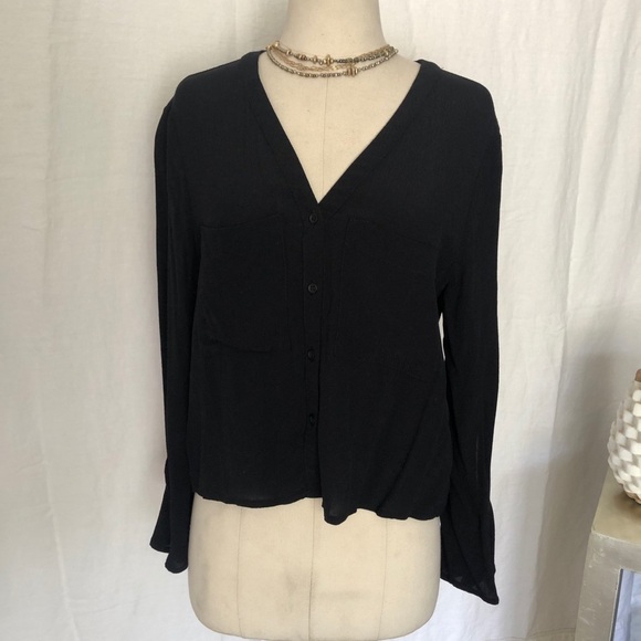 Topshop V-neck Black Blouse Top long sleeve open slit down arm size 8 - Picture 1 of 9